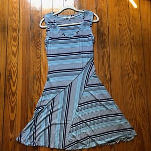 Max Studio Sleeveless Dress, Navy Blue, Turquoise, White Stripes, Size Medium